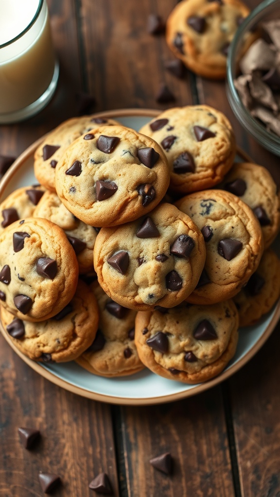 A plate of warm chocolate chip cookies with melting chocolate chips, served with a glass of milk.